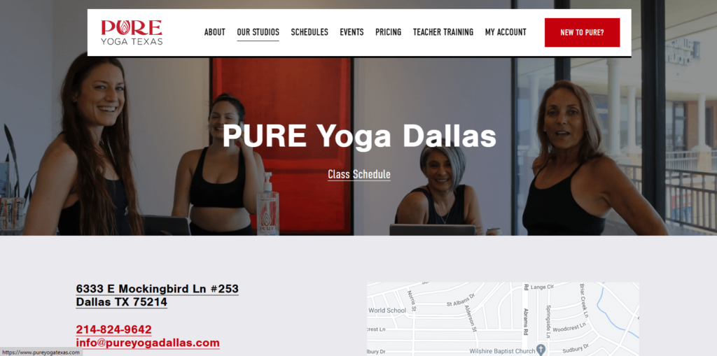 Homepage of Pure Yoga Dallas' website / www.pureyogatexas.com