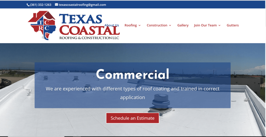 Homepage of Texas Coastal Roofing and Construction LLC - Commercial Flat Roofs and Coatings' website / texascoastalroofingandconstruction.com