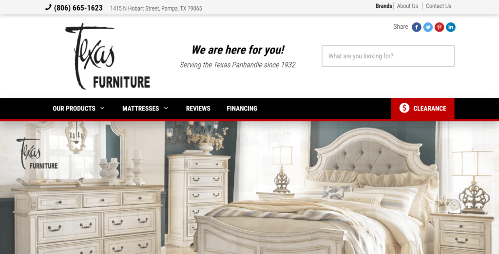Homepage of Texas Furniture's website / www.texasfurn.com